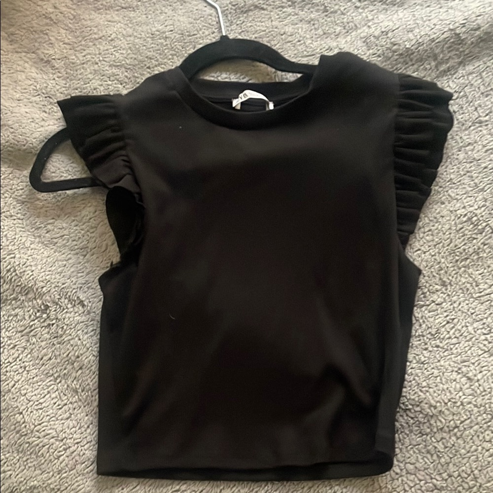 Zara Black Ruffled Cap Sleeve Crop Top
